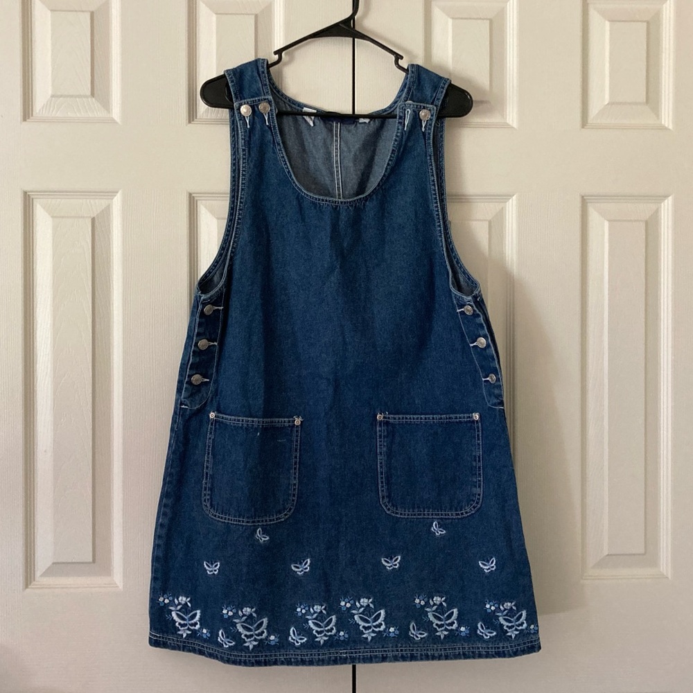 Vintage denim overalls jumper dress- embroidered Eric Charles brand size large